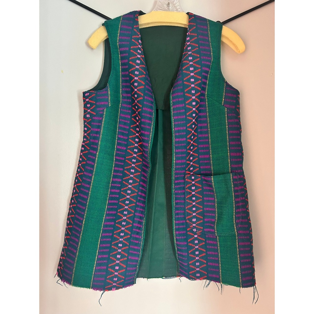 Vintage Green Woven Geometric Vest Open Front boho Sleeveless Jacket
